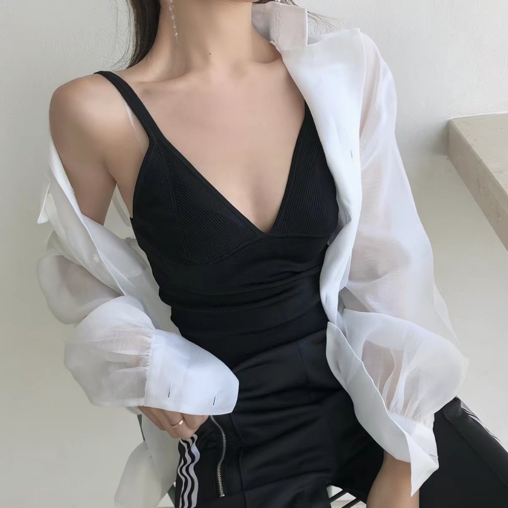 NZN เสื้อกั๊กสายเดี่ยวคอวีฝรั่งเศสผู้หญิงฤดูร้อนท็อปส์ซูเปลือยเซ็กซี่
