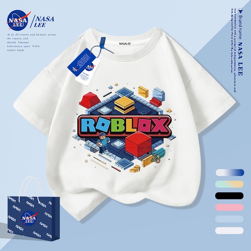 【จัดส่งภายใน 1 วันจากกรุงเทพฯ】เสื้อยืดเด็กสีขาวผ้าคอตตอนแท้ระบายอากาศ ลายการ์ตูนกล่องบล็อกตัวต่อ ให้ฟีลเก๋ๆ เหมาะสำหรับอายุ 3-16 ปี เสื้อแขนสั้นทรงหลวมลำลอง