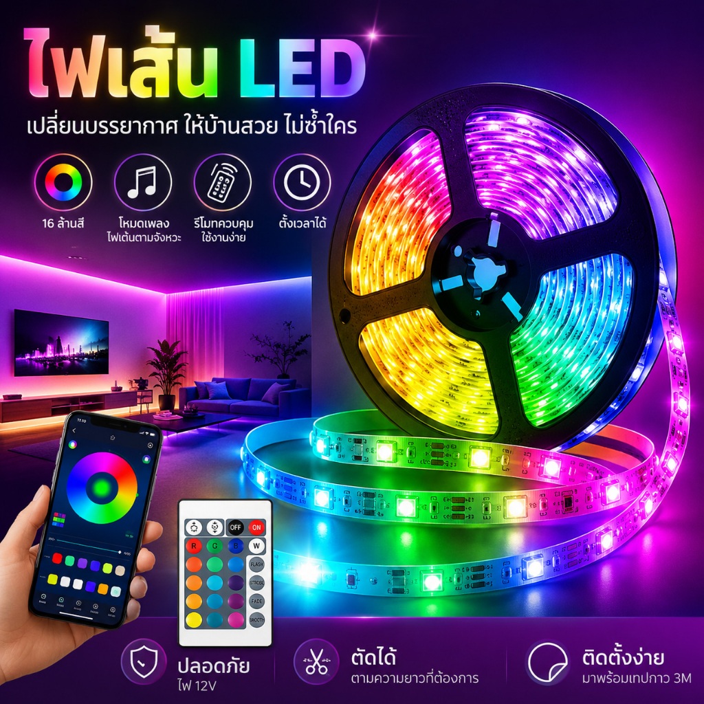 ไฟเส้น RGB LED 20M ไฟตกแต่งห้อง ไฟตกแต่งเทศกาล สร้างบรรยากาศ ใช้ในบ้าน เปลี่ยนสี ตัดได้