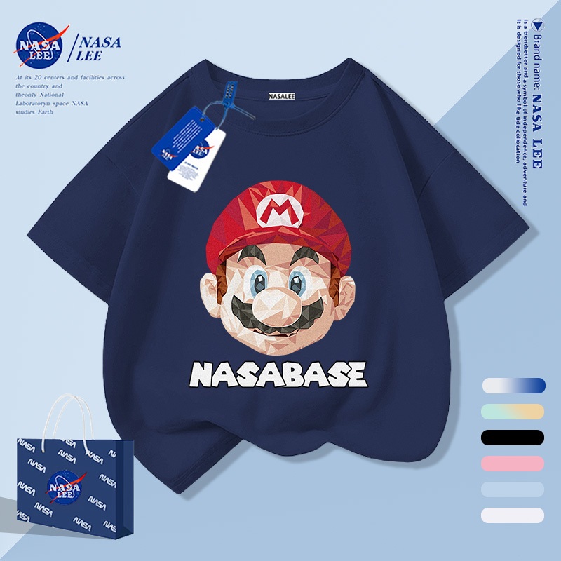 【จัดส่งภายใน 1 วันจากกรุงเทพฯ】เสื้อยืดเด็กสีน้ำเงินเข้มผ้าคอตตอนแท้ระบายอากาศ ลายการ์ตูนคนงานท่อให้ฟีลเก๋ๆ เหมาะสำหรับอายุ 3-16 ปี เสื้อเชิ้ตแขนสั้นทรงหลวมลำลอง