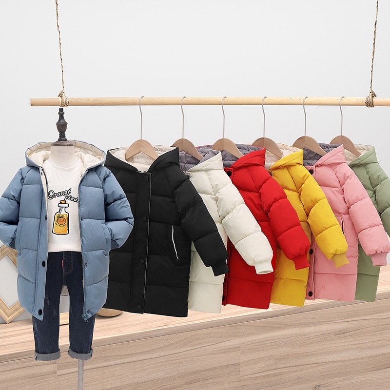 ฤดูหนาวใหม่ชายหญิงแจ็คเก็ตยาวสีทึบหนา Warm Hooded Parka สําหรับ 2-10Y เด็กผ้าฝ้ายลงหิมะเสื้อผ้า