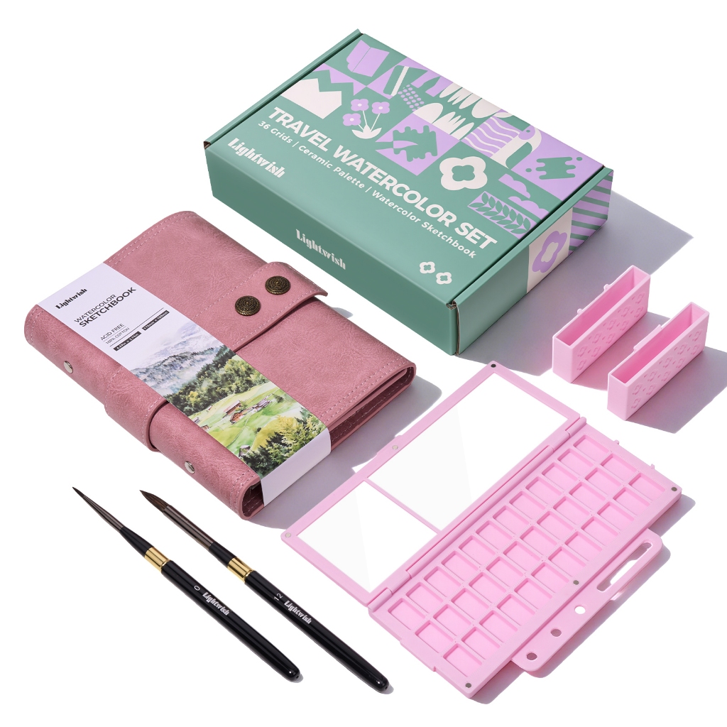 Lightwish Travel ชุดสีน้ํากระดาษผ้าฝ้าย 100% 20 แผ่นเซรามิค Palette 36 Wells แปรงสําหรับศิลปินกลางแจ้งภาพวาดของขวัญ