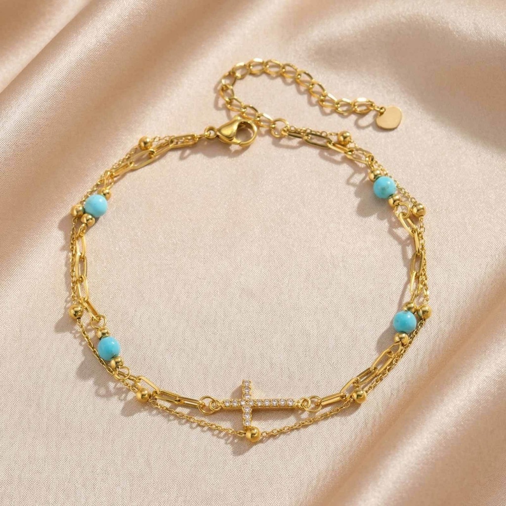 Kemstone Cross Anklet สแตนเลสสองชั้น Turquoise Anklet สําหรับผู้หญิง