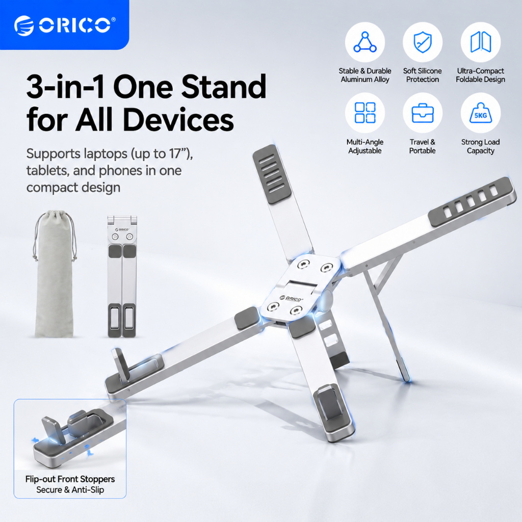 ORICO ขาตั้งแล็ปท็อปอลูมิเนียมแบบพับได้ขนาดกะทัดรัดพิเศษ 3-in-1 ความสูงที่วางโน๊ตบุ๊คแบบปรับได้ Laptop Stand(PN1)