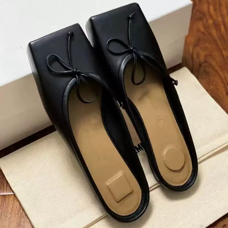 ใหม่ รองเท้าเปิดส้นหนังวัวแท้ หัวเหลี่ยม โบว์ เกาหลี ใส่สบาย แมทช์ง่าย หนังนุ่ม GenuineLeather Mules
