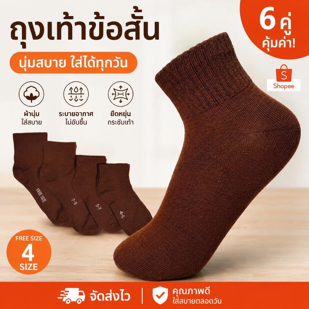 ถุงเท้านักเรียนเด็ก สีน้ําตาล แพ็ค 6 หรือ 12 คู่ ผ้านุ่มสบาย มีให้เลือกเบอร์ 3-5, 4-6, 5-7, 7-9 และฟรีไซส์