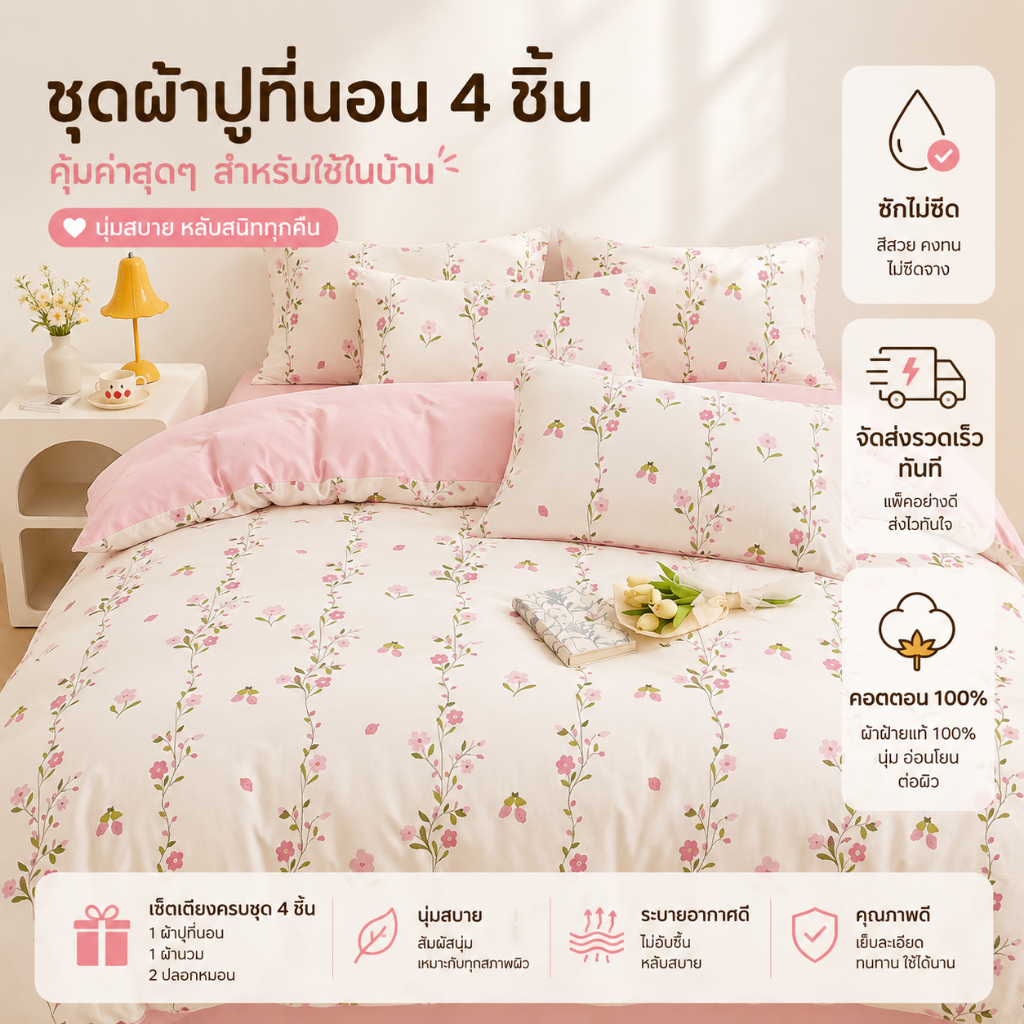 ขายร้อน 4 in 1 ชุดเครื่องนอน Soft Breathable Floral Leaf Berry Lemon Ditsy พิมพ์ทุกขนาด
