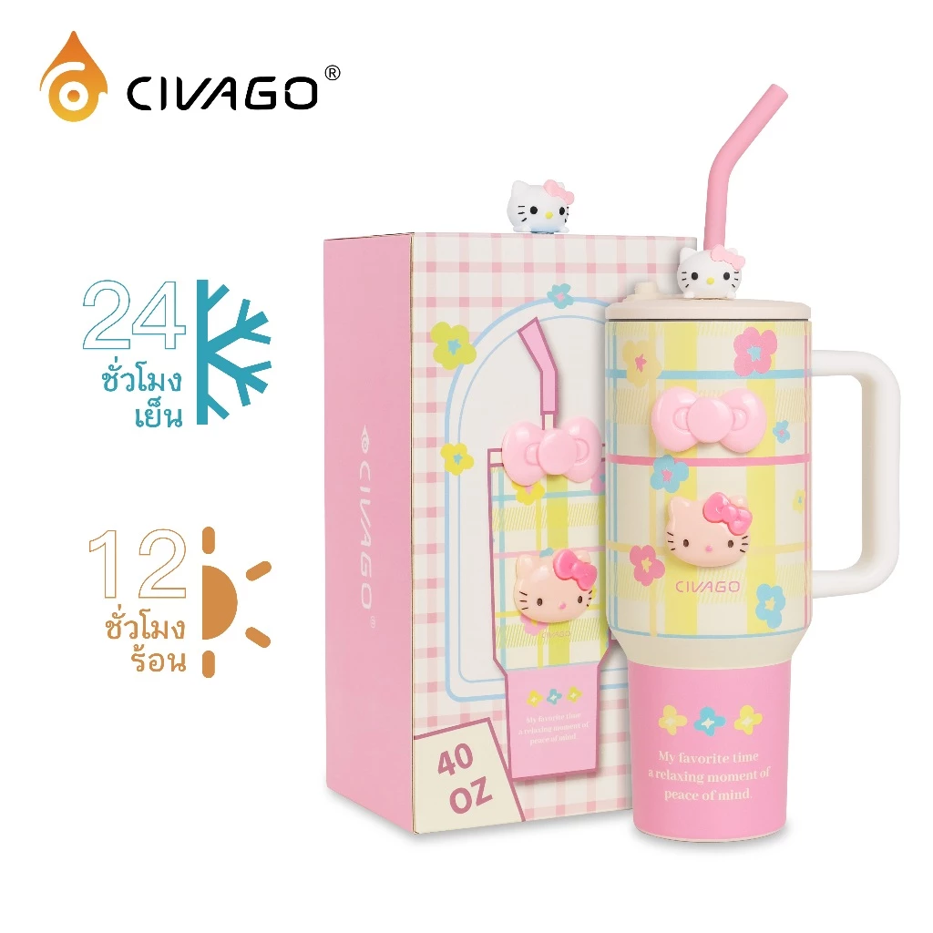 CIVAGO(40oz/1200ml)แก้วสแตนเลสเกรดอาหารแบบเก็บความเย็น มีหูหิ้วและหลอด ความจุใหญ่ สำหรับกาแฟเย็น ขวดน้ำ แก้วน้ำแฟชั่น ของขวัญผู้หญิง