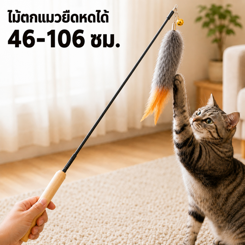 ไม้ตกแมว ด้ามไม้ ยืดหดได้ 46-106 ซม. หัวเปลี่ยนได้ มีกระดิ่ง ขนฟูนุ่ม ของเล่นแมว