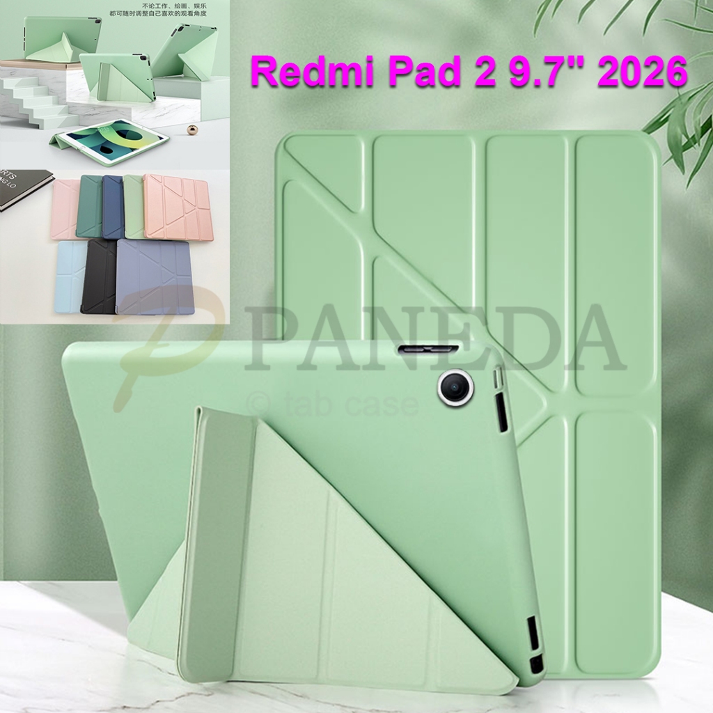 สําหรับ Redmi Pad 2 9.7" 2026 กรณี Redmi Pad 2 SE 9.7" 2026 แฟชั่นพับ Y ขาตั้งคลุมทั้งหมด High End แท็บเล็ตป้องกันกรณีพลิกสีทึบ Soft TPU ปลอก