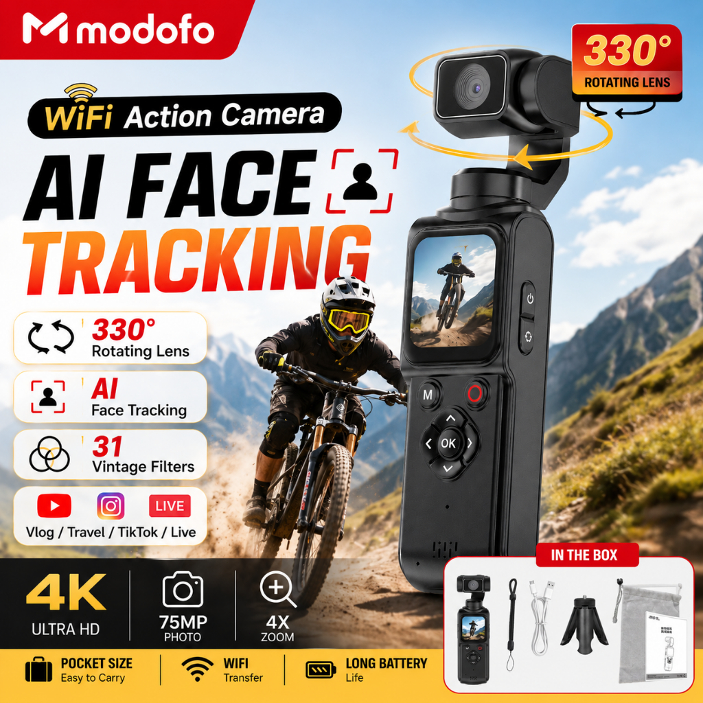MODOFO Pocket Camera Vlog Camera 4K WiFi Action Camera AI Face Tracking หมุนได้ 330° กล้อง 75MP4X Zoom Vlog บันทึกวิดีโอ