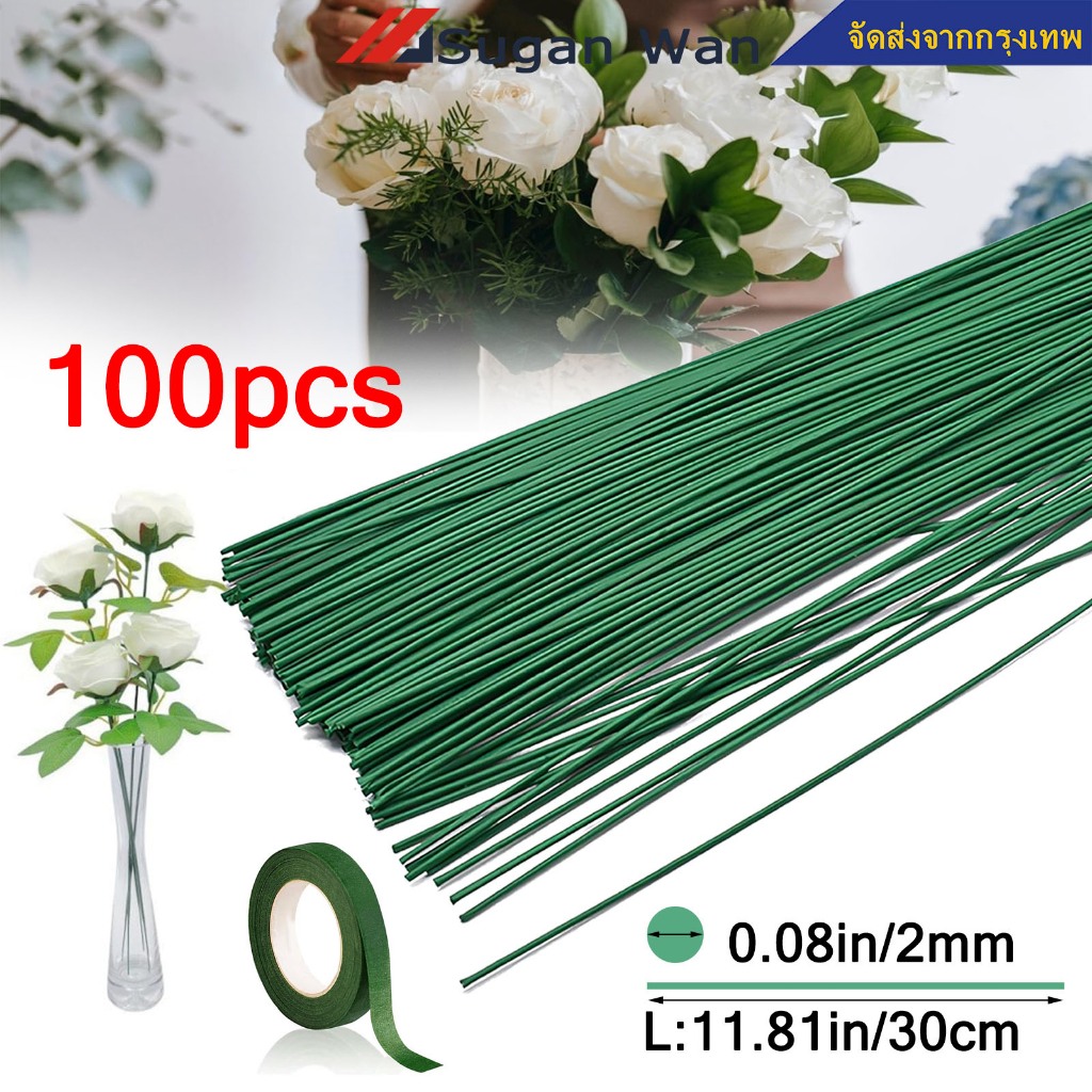 ราคาขายส่ง100 ชิ้น ก้านดอกไม้สีเขียว ลวดดอกไม้ 30cm ก้านลวดสำเร็จ ลวดทำดอกไม้ประดิษฐ์ ก้านดอกไม้สีเขียว สำหรับงานDIYก้านดอกไม้