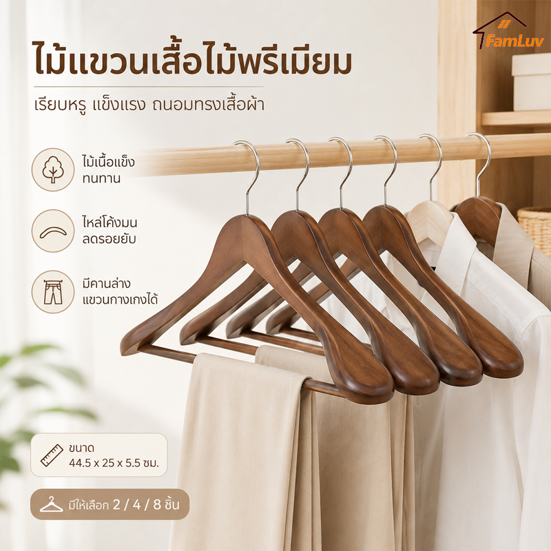 ไม้แขวนสูทไม้เนื้อแข็ง (2/4/8 ชิ้น) 44.5x25x5.5 ซม. จัดส่งจากกรุงเทพฯ