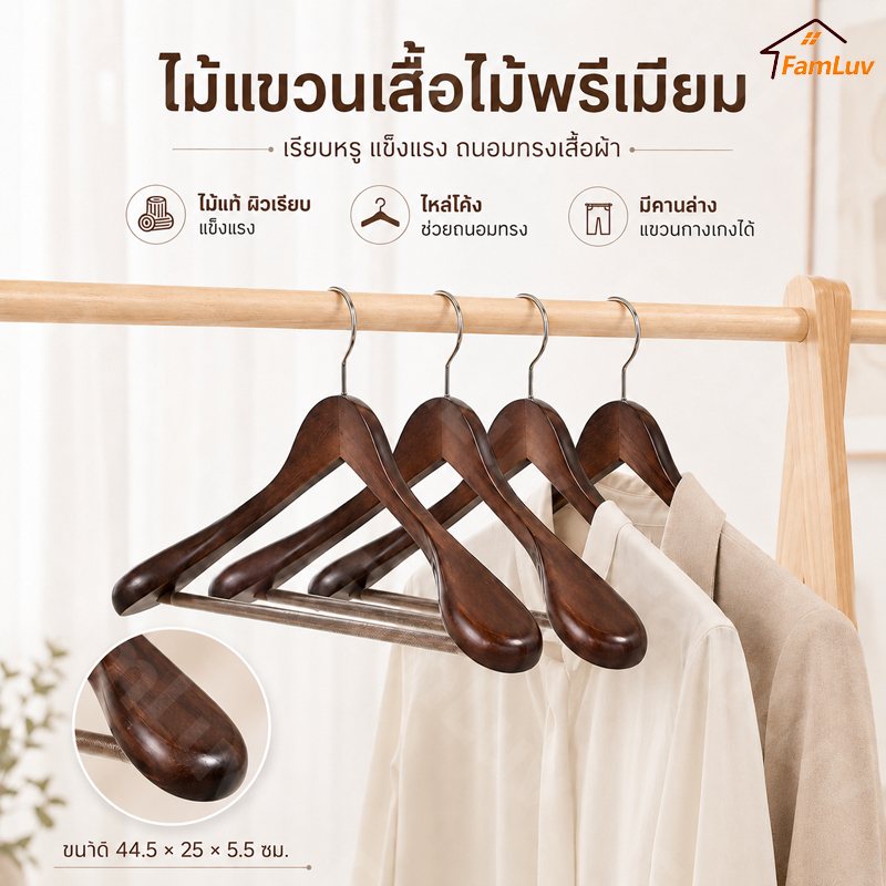 ไม้แขวนเสื้อสูทไม้จริง เนื้อแข็ง เสื้อแจ็คเก็ต BigShoulder (1 ชิ้น) TZAG