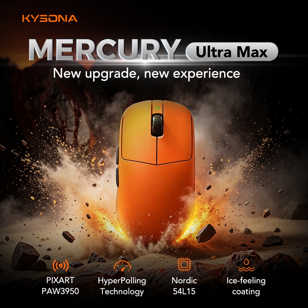 KYSONA Mercury Ultra Max Nordic54L15 41g Super-light Weight Gaming Mouse ไร้สาย Dual-8K PAW3950 Sens