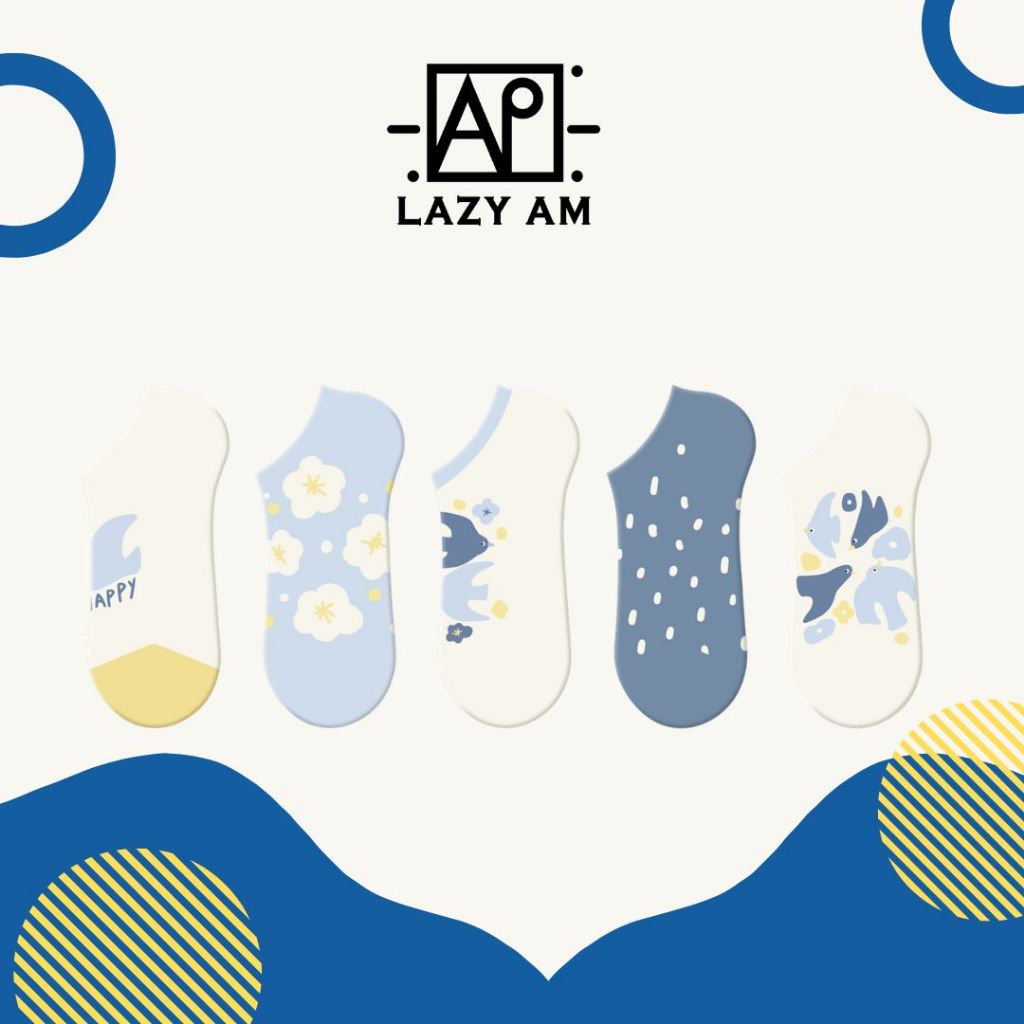 LAZYAM ถุงเท้าข้อสั้นลายดอกไม้บลูเบิร์ด ผู้หญิง ผ้าฝ้าย ระบายอากาศ ถุงเท้าซ่อนขอบ น่ารัก