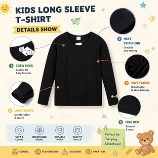 【ส่งด่วน】📢 เสื้อยืดแขนยาวเด็ก Cotton Black White Plain Cotton Tee for Boys Girls
