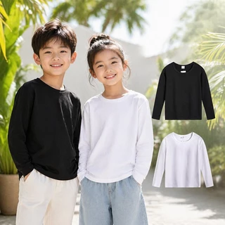 【ส่งด่วน】📢 เสื้อยืดแขนยาวเด็ก Cotton Black White Plain Cotton Tee for Boys Girls