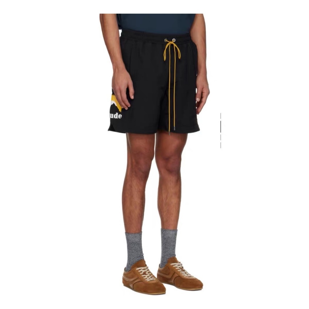 26SS ฤดูร้อนใหม่ Rhude Panel Logo Short Sunset Letter พิมพ์สีบล็อกกีฬากางเกงขาสั้น