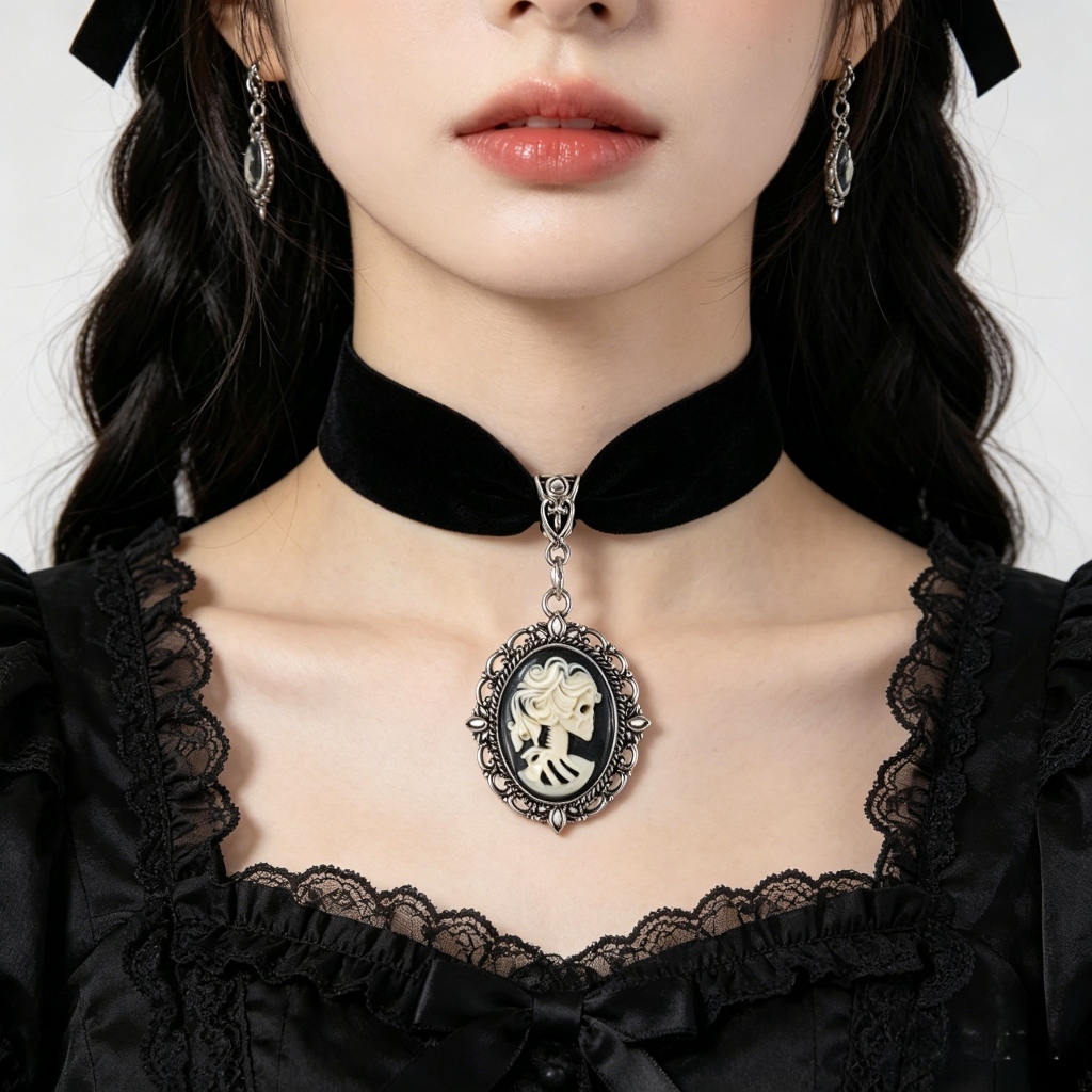 Dark Retro Court สไตล์ Hepburn การ์ตูนเจ้าหญิงความงามหัว Gothic โครงกระดูกเจ้าสาวสร้อยคอ Lolita Clavicle Chain