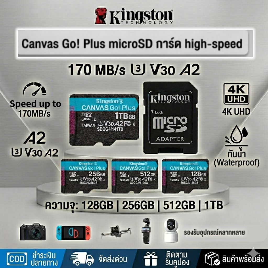 Kingston Canvas Go Plus MicroSD 128GB 256GB 512GB 1TB A2 V30 การ์ดความจำ 4K ของแท้