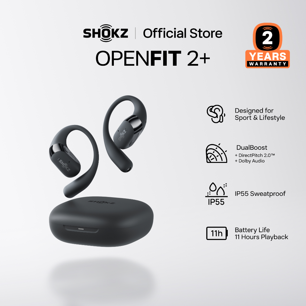 SHOKZ T921 OpenFit 2+ ดีไซน์แบบ Open-Ear เพื่อความสบายสูงสุดในการสวมใส่  | ไดรเวอร์คู่ ถ่ายทอดรายละเอียดเสียงที่ครบถ้วน  | รับรู้เหตุการณ์รอบตัวได้อย่างต่อเนื่อง  | ใช้งานได้นานรวมสูงสุด 48 ชั่วโมง พร้อมรองรับการชาร์จแบบไร้สาย