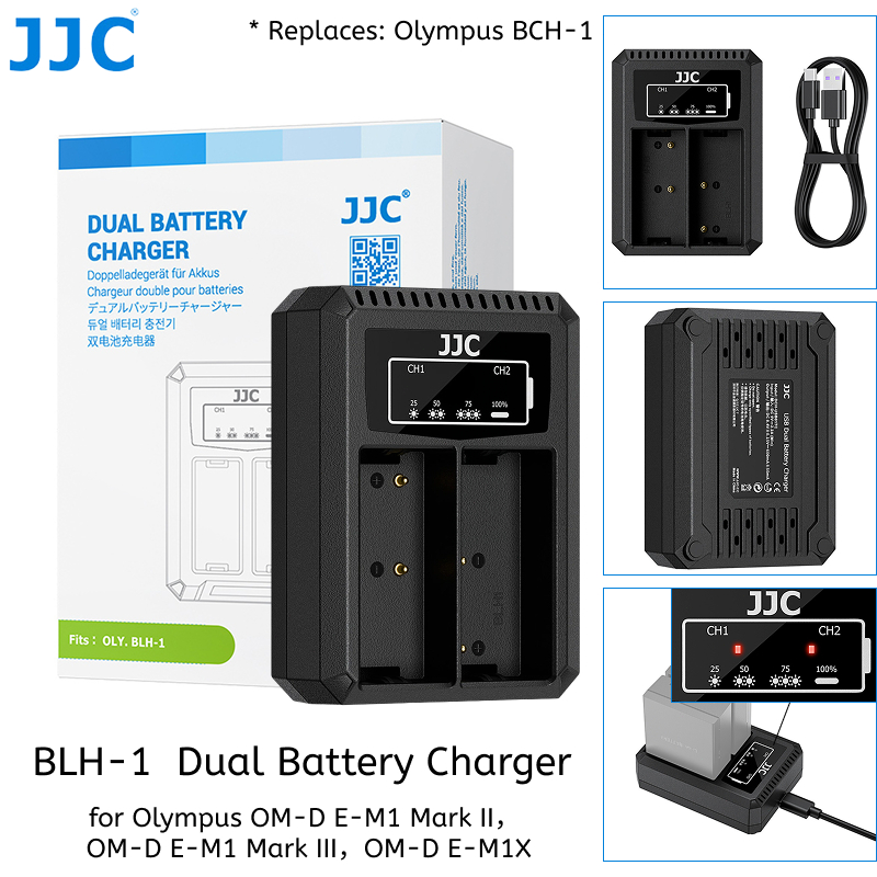 JJC BLH-1 เครื่องชาร์จแบตเตอรี่คู่สําหรับ BLH1 Olympus OM-D E-M1 Mark II III OM-D E-M1X แบตเตอรี่กล้