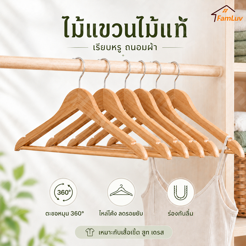ไม้แขวนเสื้อไม้เนื้อแข็ง กันลื่น ตะขอในครัวเรือน รองรับเสื้อผ้า