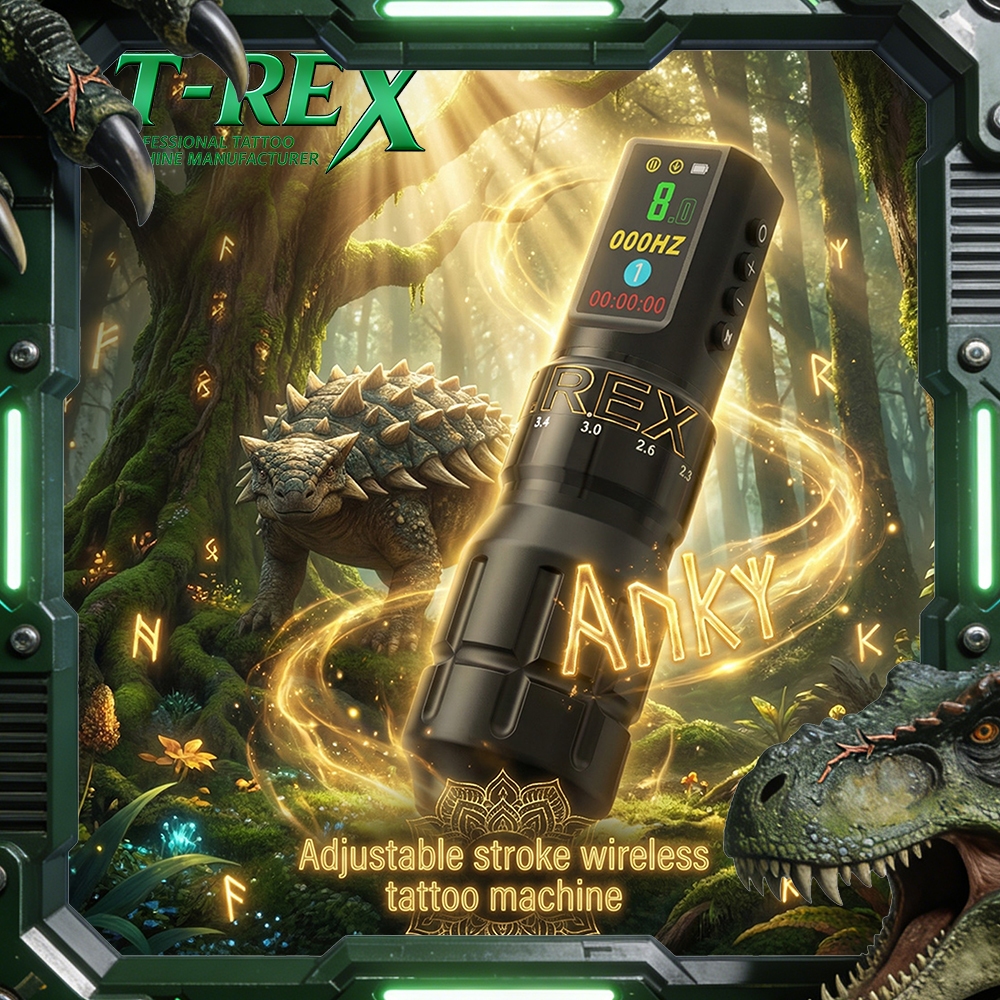 T-Rex ANKY เครื่องสักไร้สาย ปากกาสัก ปรับจังหวะ 7 ระดับ (Stroke 2.4-4.2mm) มอเตอร์ Coreless จอ LCD ดิจิตอล อุปกรณ์สักมืออาชีพ