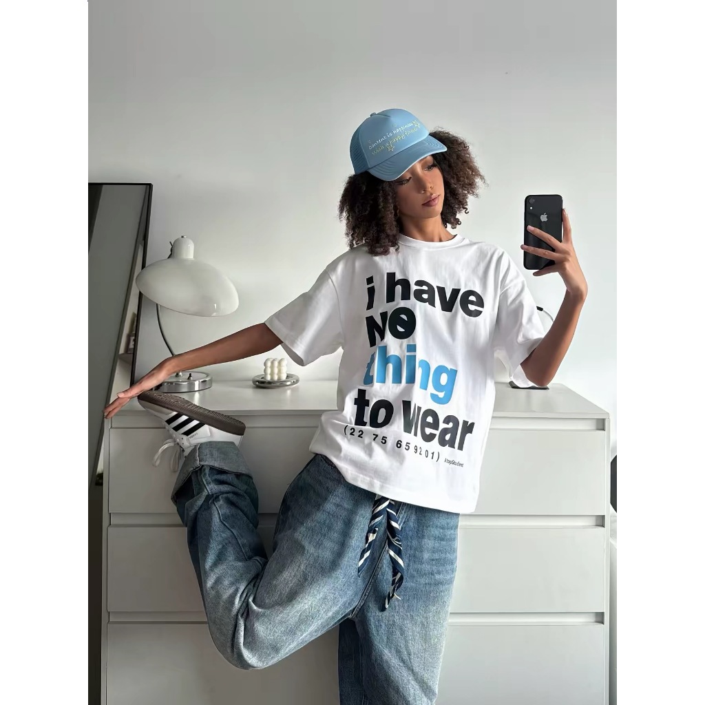 Casual Minimalist I Have Nothing To Wear Letter Print Contrast Color Oversize Loose Fit Unisex Daily