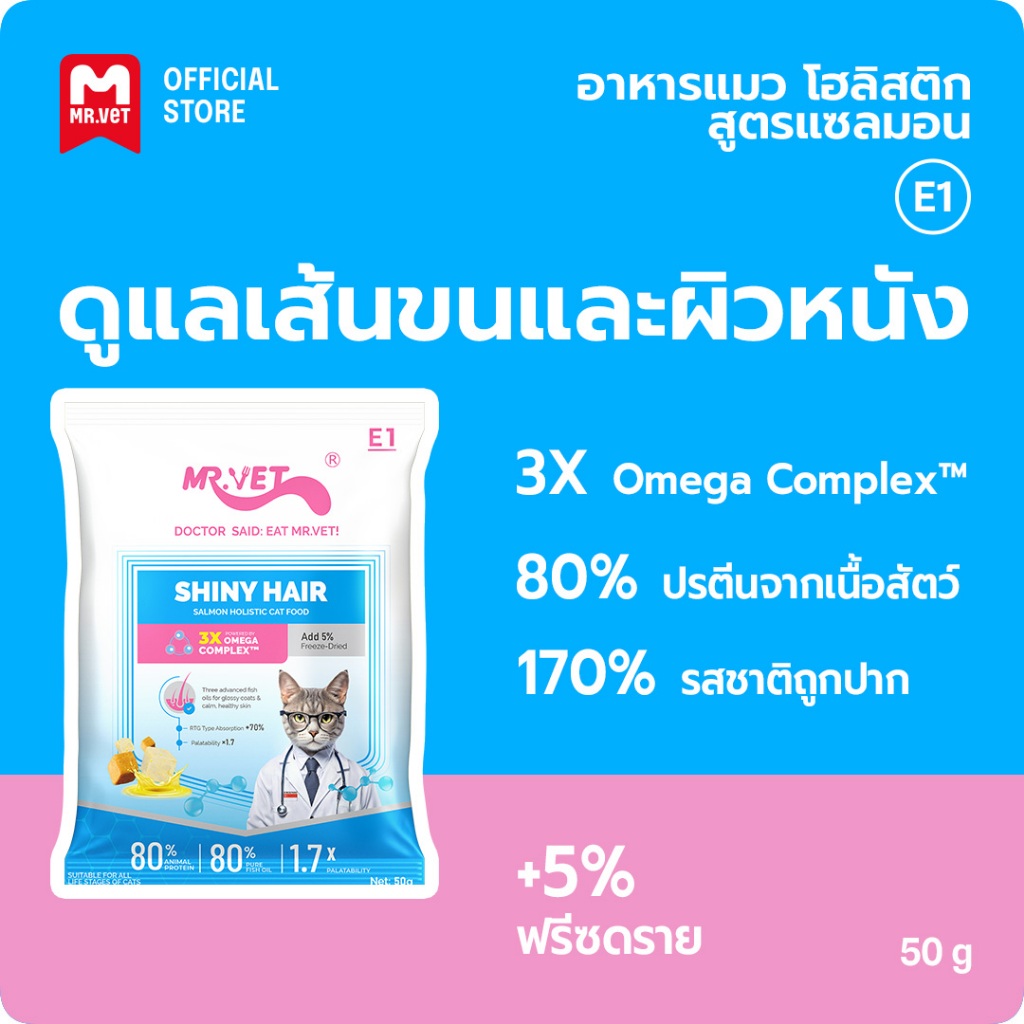 MR.Vet E1 อาหารแมวพรีเมียม 50g – Triple Omega Complex™ เพื่อขนเงางาม สุขภาพผิวดี ด้วยปลาแซลมอนและไก่ โปรตีนสูง 30%