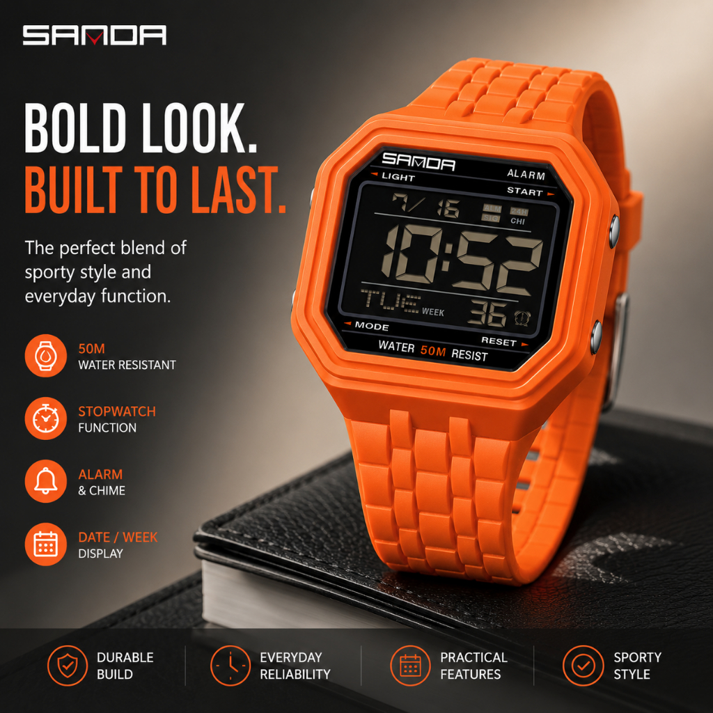 SANDA 6366 ผู้ชายนาฬิกาสปอร์ตดิจิตอลมัลติฟังก์ชั่กันน้ําสแควร์อิเล็กทรอนิกส์นักเรียนนาฬิกาข้อมือของขวัญ