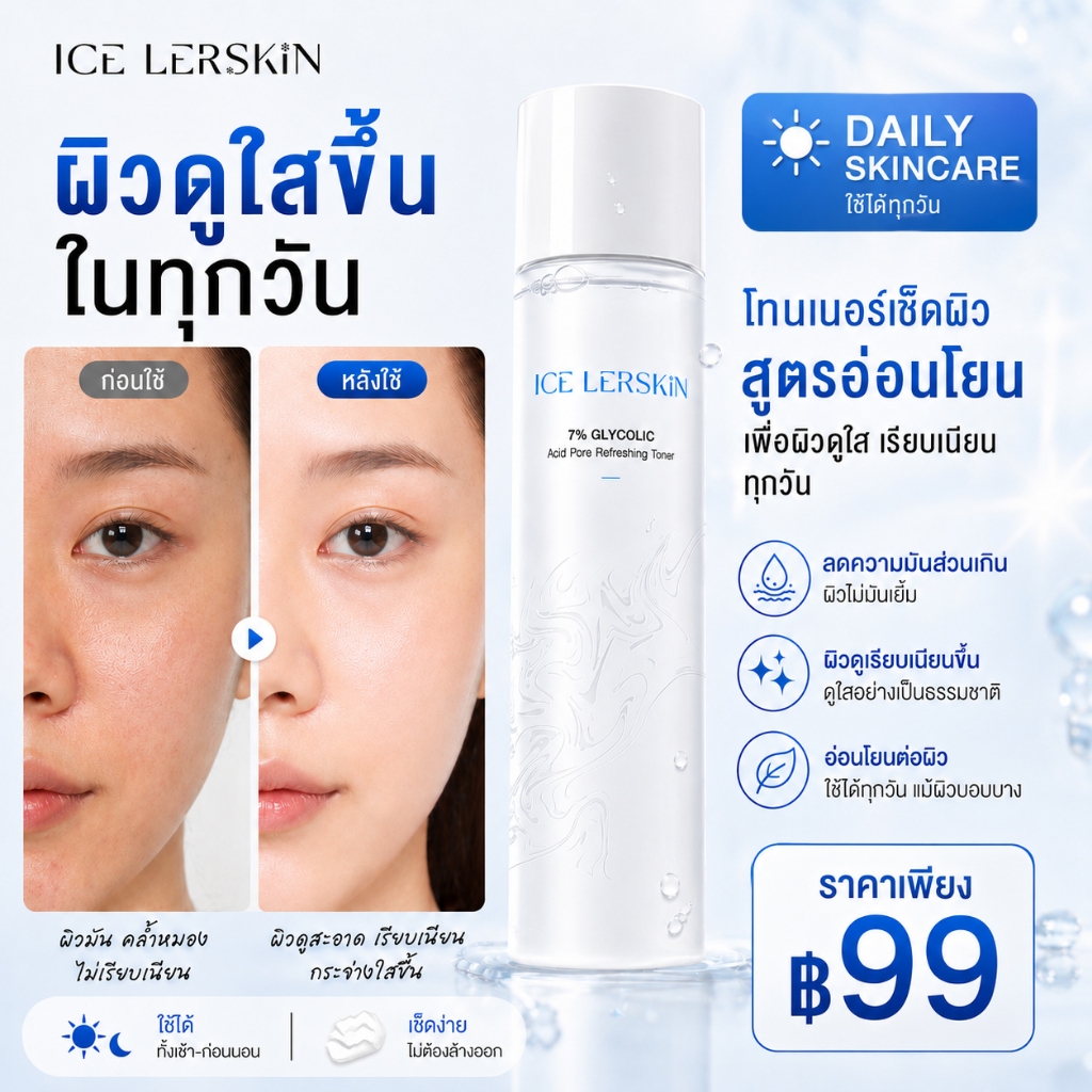 ICE LERSKIN 7% กรดกลิโคลิค โทนเนอร์ ขาวกระจ่างใส ลดสิวอุดตัน กระชับรูขุมขน ฟื้นฟูผิว 200ml
