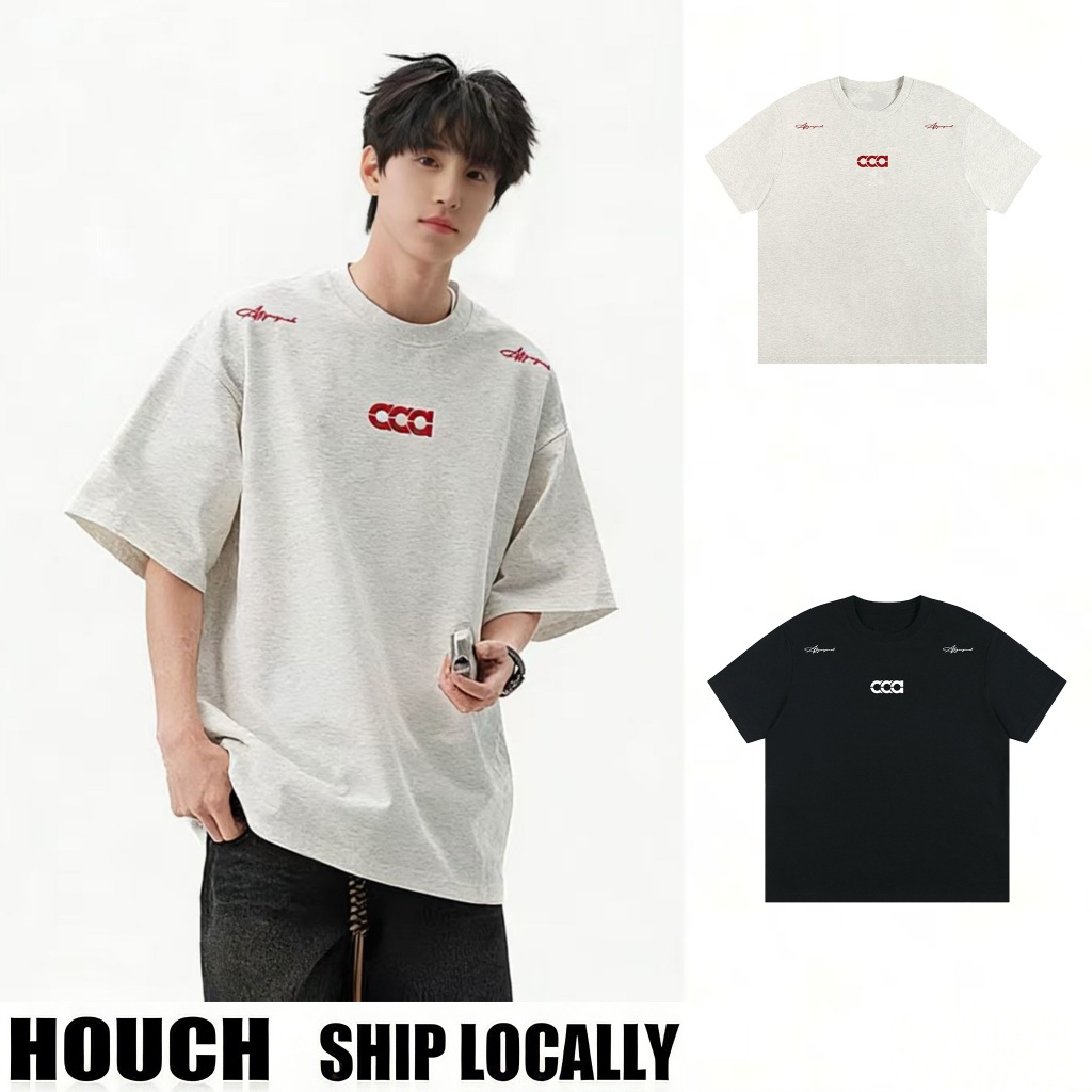 HOUCH COD เสื้อยืดแขนสั้นสไตล์อเมริกัน สำหรับผู้ชาย ทรงคลายตัวใส่สบาย