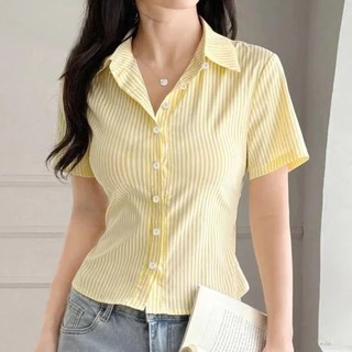 เสื้อเชิ้ตแขนสั้นทรงสลิมลายทางเสื้อลําลองสําหรับผู้หญิง