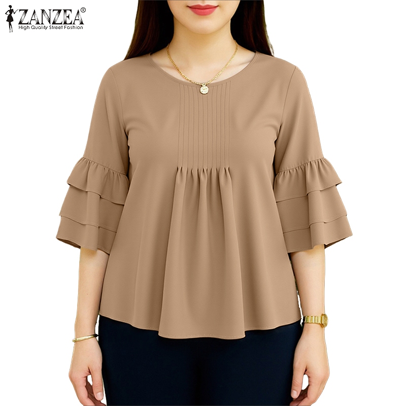 ZANZEA ซานเซีย เสื้อลำลองสำหรับผู้หญิง คอกลม แขนจีบ แบบ.kr.trumpet สไตล์เกาหลี