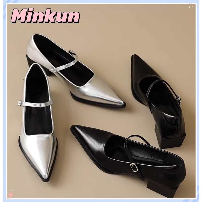 Minkun รองเท้าหุ้มส้นเตี้ยพอยต์โต ส้นสูง เหมาะสำหรับผู้หญิงทำงานและวันธรรมดามาตรฐานไซส์