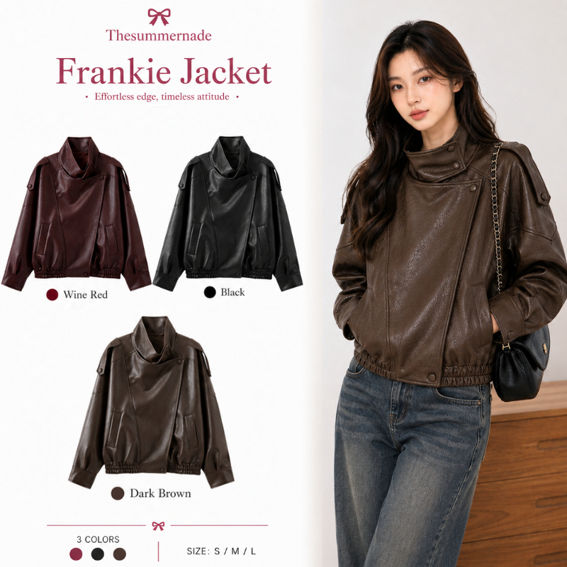 Thesummernade Stand Collar Leather Jacket แจ็คเก็ตหนัง แจ็คเก็ตสีน้ำตาล ชุดเที่ยวต่างประเทศ เสื้อกันหนาว