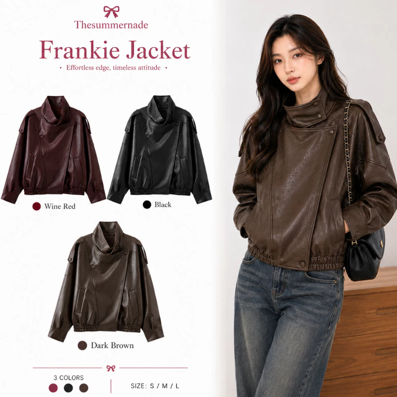 Thesummernade Stand Collar Leather Jacket แจ็คเก็ตหนัง แจ็คเก็ตสีน้ำตาล ชุดเที่ยวต่างประเทศ เสื้อกันหนาว