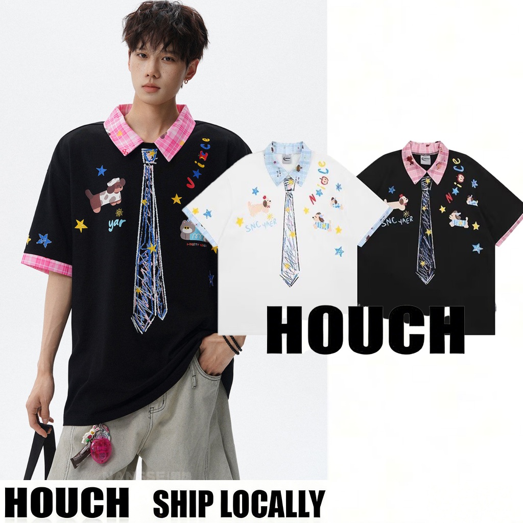 Houch พร้อมส่ง COD เสื้อพอลครึ่งตัวที่มีไหล่ตกเล็กระบายอากาศลายแขนสั้นถักเสื้อโปโลผู้ชาย