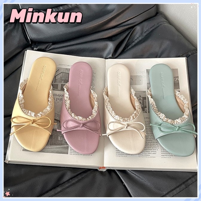 Minkun ผู้หญิงเกาหลีลูกไม้หวาน Bowknot แบนสไลด์นุ่มสีพาสเทลรองเท้าแตะกันลื่นฤดูร้อนสบายๆรองเท้าแตะกลางแจ้ง