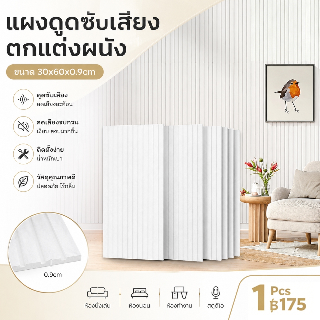 แผ่นซับเสียงติดผนัง 30x60 ซม. มีกาวในตัว โฟมกันเสียง ลดเสียงก้อง กันเสียงรบกวน ตกแต่งห้อง