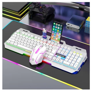 คีย์บอร์ด+เมาส์ K-snake Black White, พร้อมอินเทอร์เฟซ USB, เอฟเฟกต์แสงสีรุ้งใหม่, สามารถถือโทรศัพท์มือถือได้
