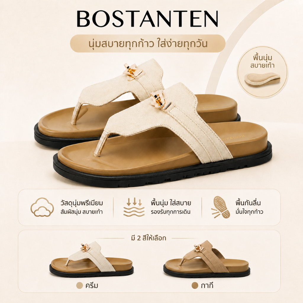 [นุ่มเหมือนเหยียบขี้] BOSTANTEN Mira รองเท้าแตะคีบผู้หญิง พื้นนุ่ม เบาสบาย ลดแรงกระแทก สไตล์มินิมอล ดีไซน์เรียบง่าย สี Earth Tone กันลื่น แมทช์ได้เยอะ – โปรปัง