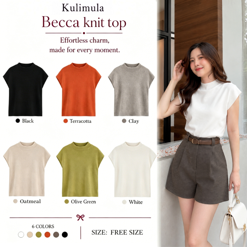 Kulimula Becca knit top เสื้อไหมพรมไร้แขน คอปานกลาง ทรงกระชับสไตล์เกาหลี ใส่ทำงานสวย เรียบหรู