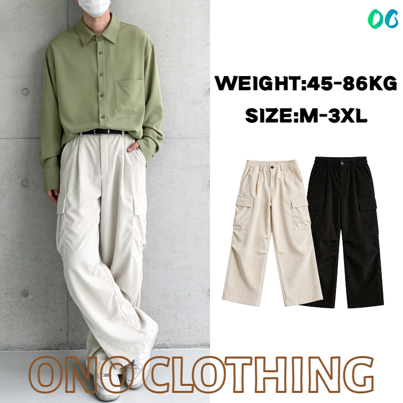 ✨ONO✨ กางเกงผ้าลูกฟูก สไตล์เกาหลี ลำลอง สไตล์ขี้เกียจย้อนยุค Unisex ทรงหลวม เอวสูง กางเกงสแล็ค Men's Clothing