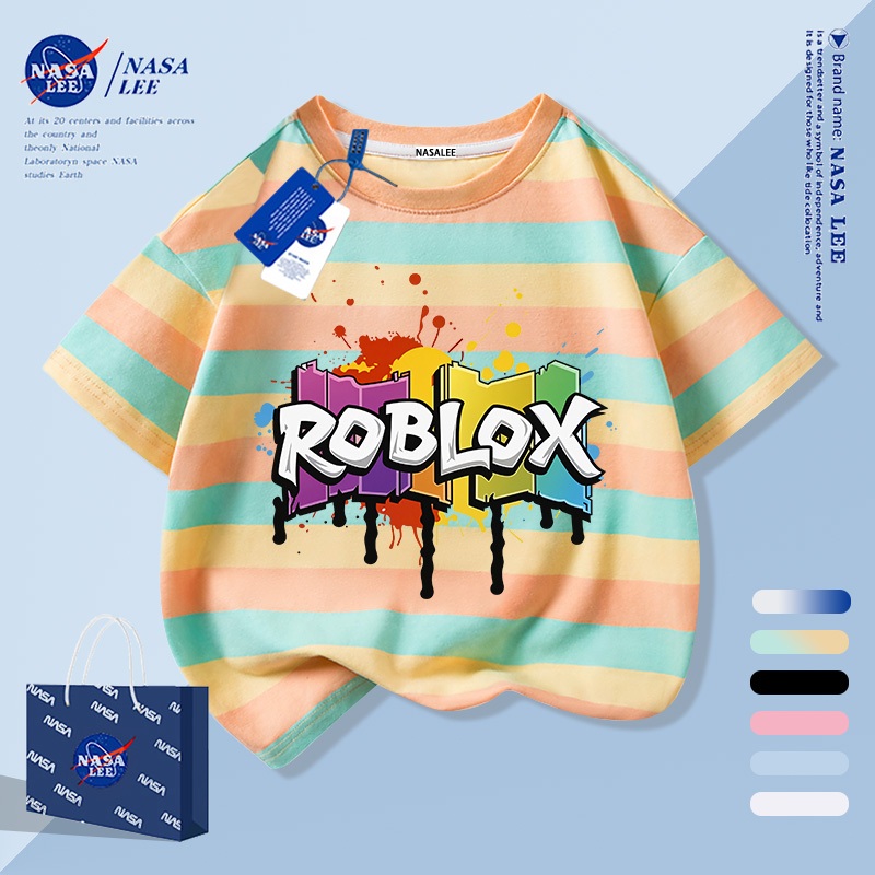 【จัดส่งภายใน 1 วันจากกรุงเทพฯ】เสื้อยืดเด็กลายทางสีเหลืองและสีน้ำเงิน ผ้าคอตตอนแท้ระบายอากาศ ลายพิมพ์การ์ตูนกราฟฟิตีตัวอักษร ให้ฟีลเก๋ๆ เหมาะสำหรับอายุ 3-16 ปี เสื้อแขนสั้นทรงหลวมลำลอง