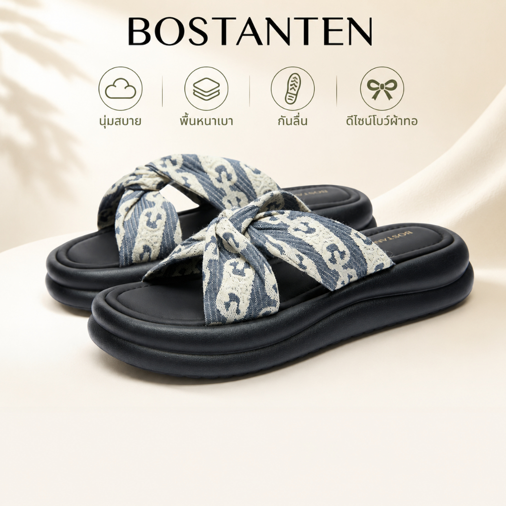 BOSTANTEN รองเท้าแตะผู้หญิงลายเดนิม พื้นหนานุ่ม กันลื่น ระบายอากาศ ใส่สบาย แฟชั่น สไตล์เกาหลี ใช้งานได้ในชีวิตประจำวัน