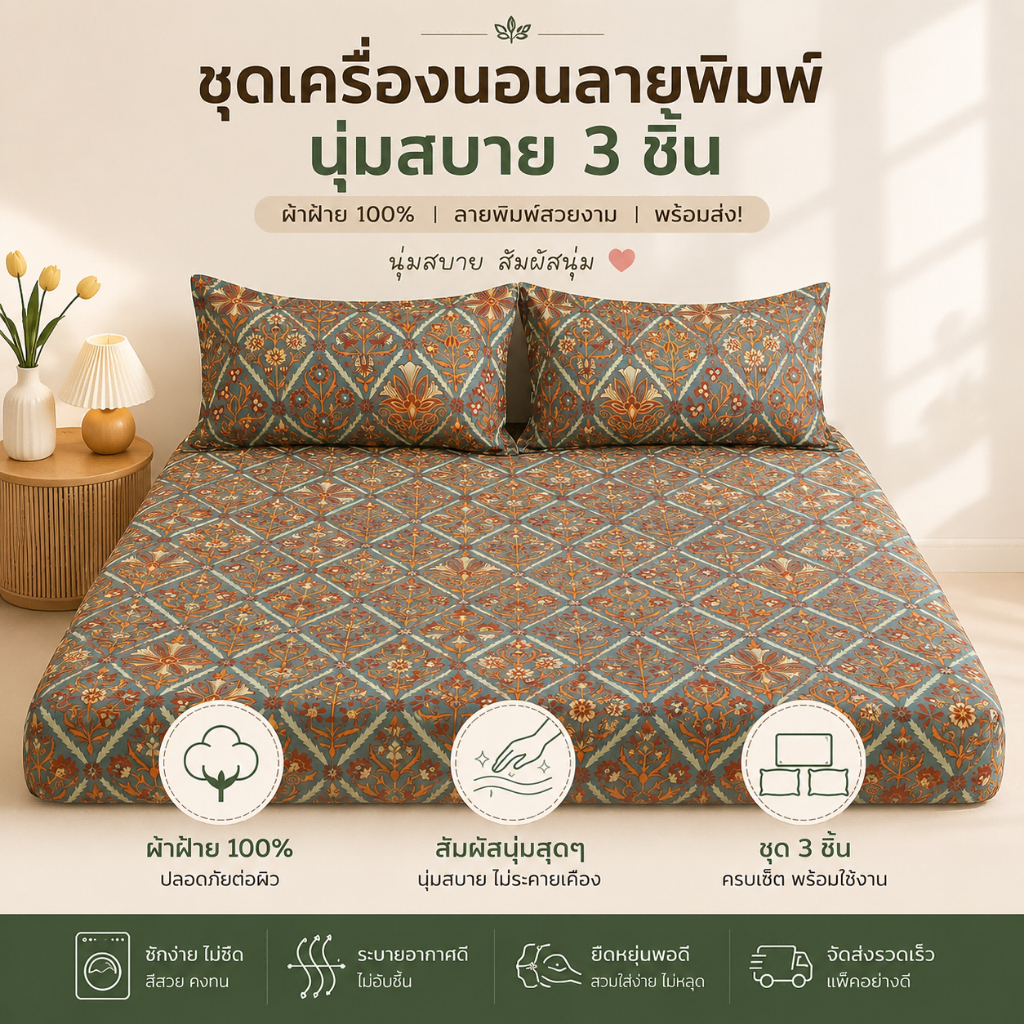ผ้าปูที่นอนผ้าคอตตอน100% ลายดอกไม้โบราณวินเทจ กันลื่นไม่รุด หลายขนาด หลายลาย เหมาะสำหรับห้องนอน
