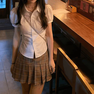 เสื้อเชิ้ตสาวเกาหลีแขนสั้น แขนพอง เสื้อเชิ้ต สีขาว แฟชั่น เสื้อ